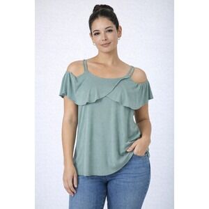 NOUVIDA Sage Green Cold Shoulder Ruffle Ribbed Top Made USA MED